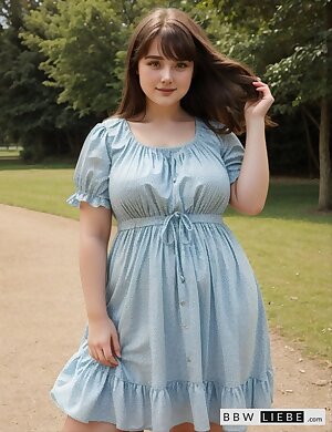 a bbw woman in a blue dress standing on a path in a park with her hand on her hair and the sun shining on her face in the background