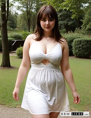 a bbw woman in a white dress is walking down a path in a park with trees and grass in front of her and behind her is a grassy area with