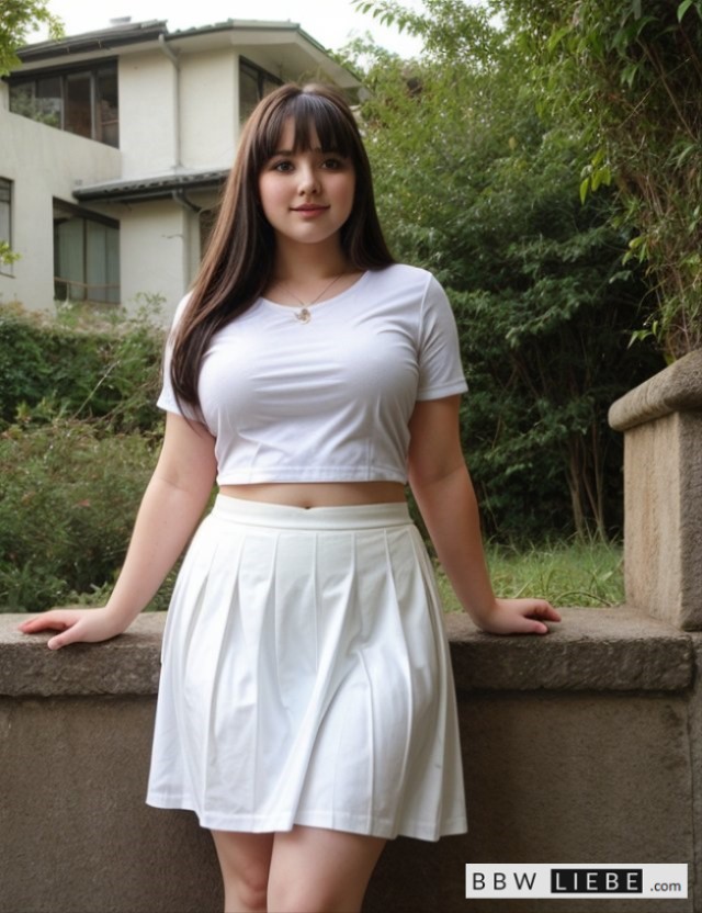 a bbw woman in a white shirt and a white skirt is posing for a picture in front of a building with a tree in the foreground and a house